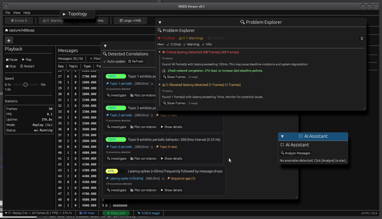 HDDS Viewer - Problem Explorer with AI Assistant detecting latency issues and correlations